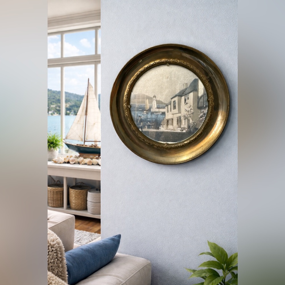 Vintage Decorative Plate with Coastal Scene Lighthouse Brass made in England